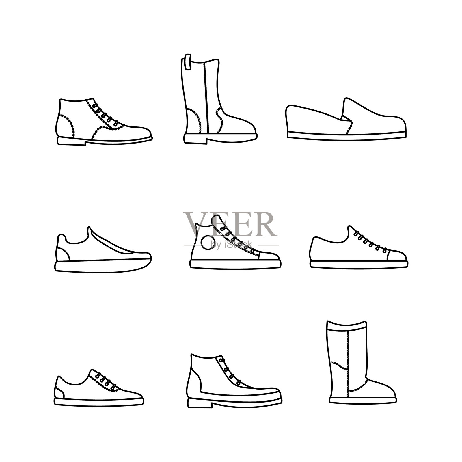 鞋子涂鸦线条图标集合。轮廓风格。独立插图。插画图片素材