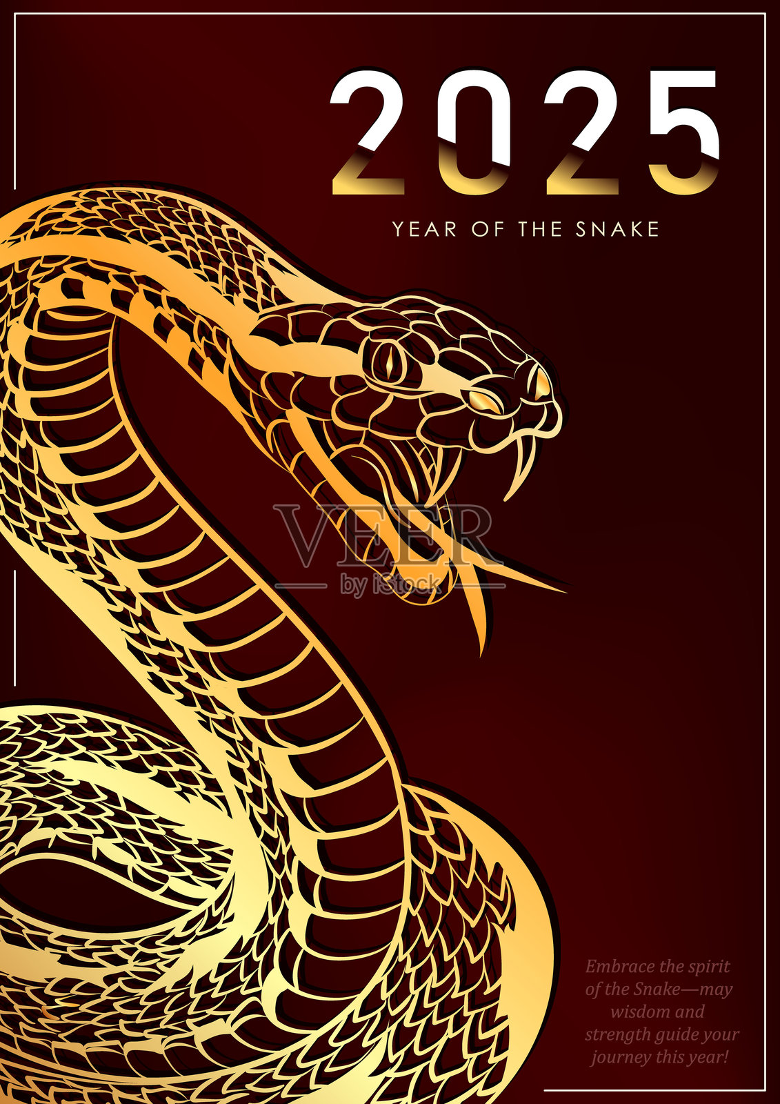红色奢华海报，上面有盘绕的金色亚洲爬行动物，庆祝2025年中国农历蛇年。手绘线条蛇的贺卡。插画图片素材