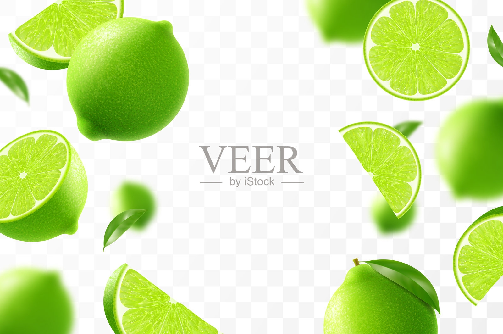 飞翔的成熟青柠。明亮的广告背景中掉落的多汁绿色青柠，带有模糊效果的真实插图。用于广告横幅和网页设计的3D矢量设计。插画图片素材