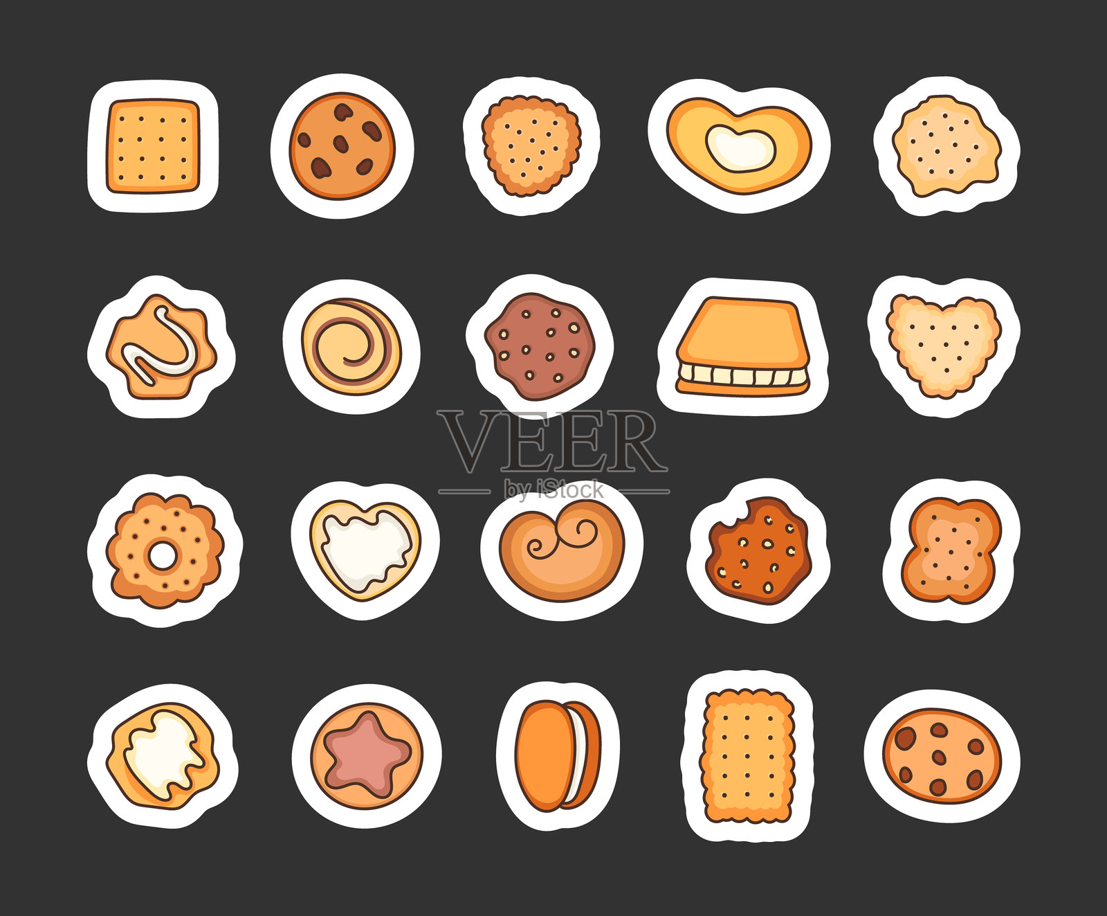 美味诱人的饼干。贴纸书签。甜点烘焙。手绘风格。矢量图。设计元素合集。插画图片素材