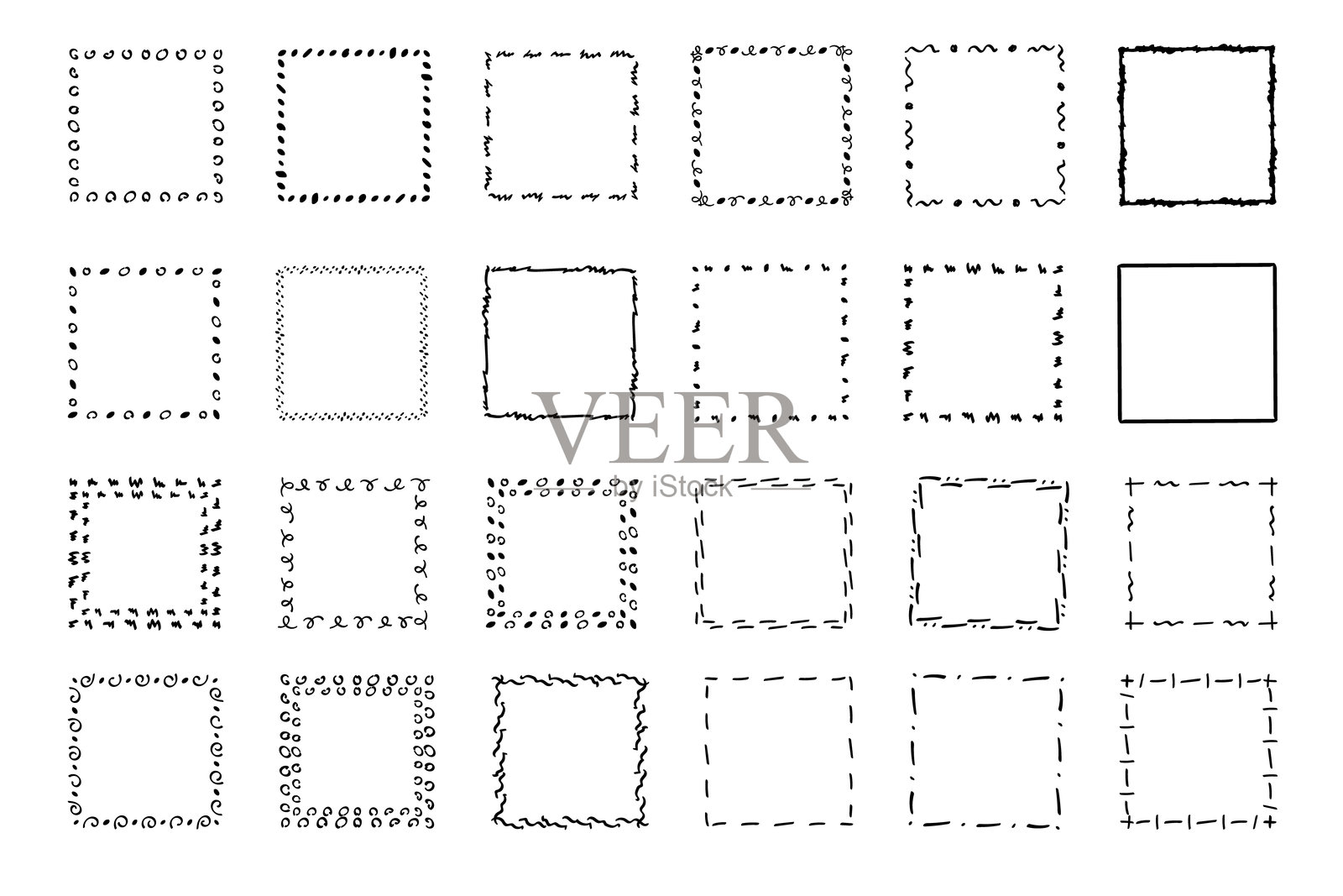 方形涂鸦框架，手绘字母组合。带有简单草图设计元素的边缘和框架。孤立。矢量插图插画图片素材