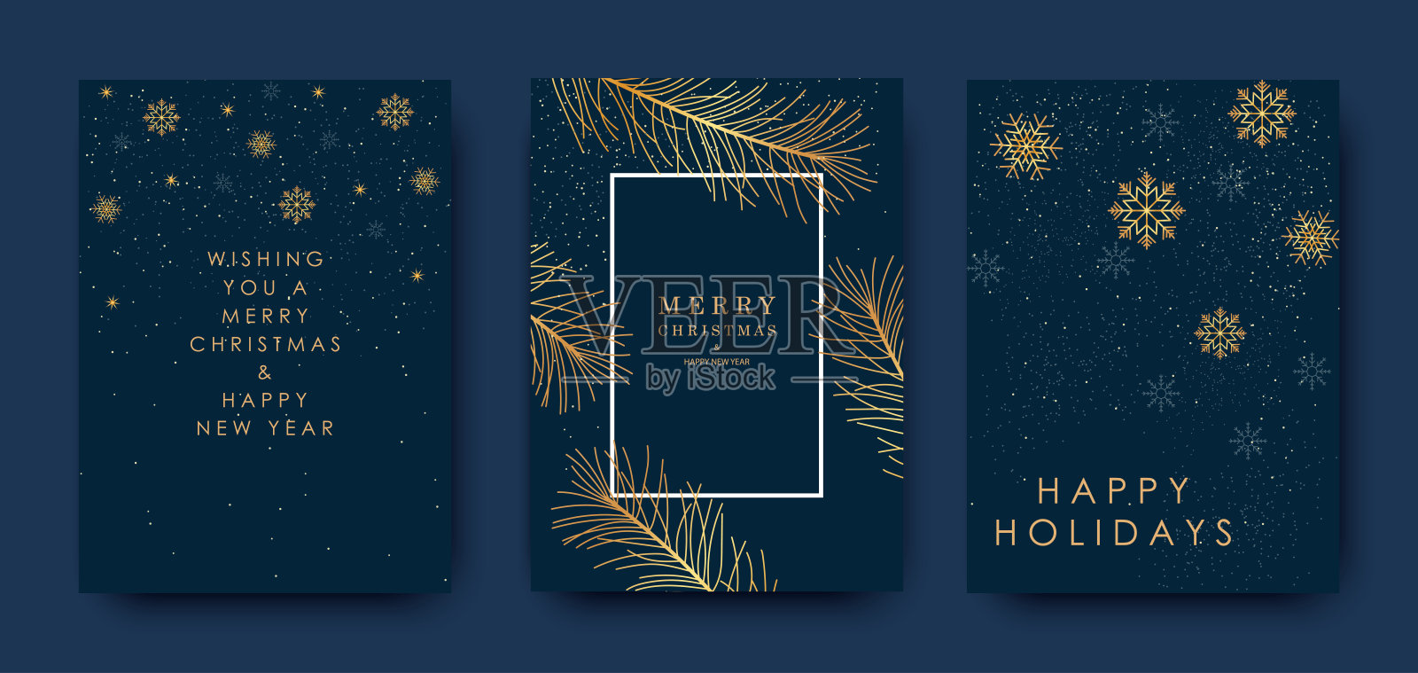 圣诞快乐和新年快乐，豪华宣传册卡片，问候，海报，节日矢量插图集。雪花，蓝色背景上的圣诞树。插画图片素材