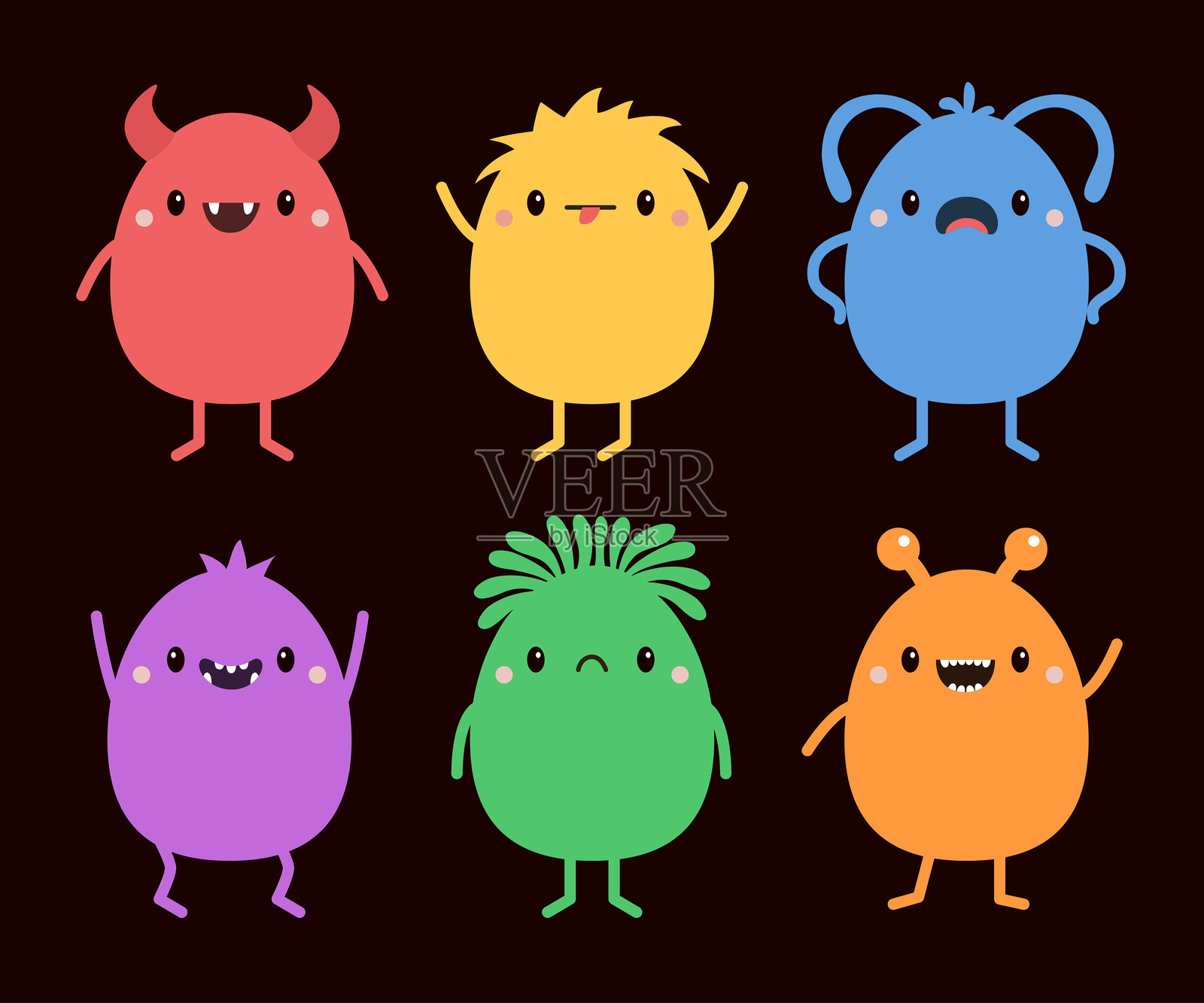 怪物套装。卡通可爱搞笑的“boo”角色。可爱的面孔，带有牙齿、角、眼睛和手。色彩缤纷的剪影怪物。快乐的万圣节。儿童宝宝系列。黑色背景。扁平设计。插画图片素材