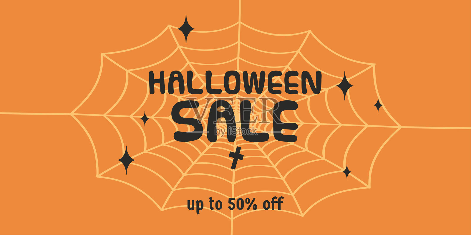 万圣节横幅促销，50%折扣，橙色背景上的蜘蛛网插画图片素材