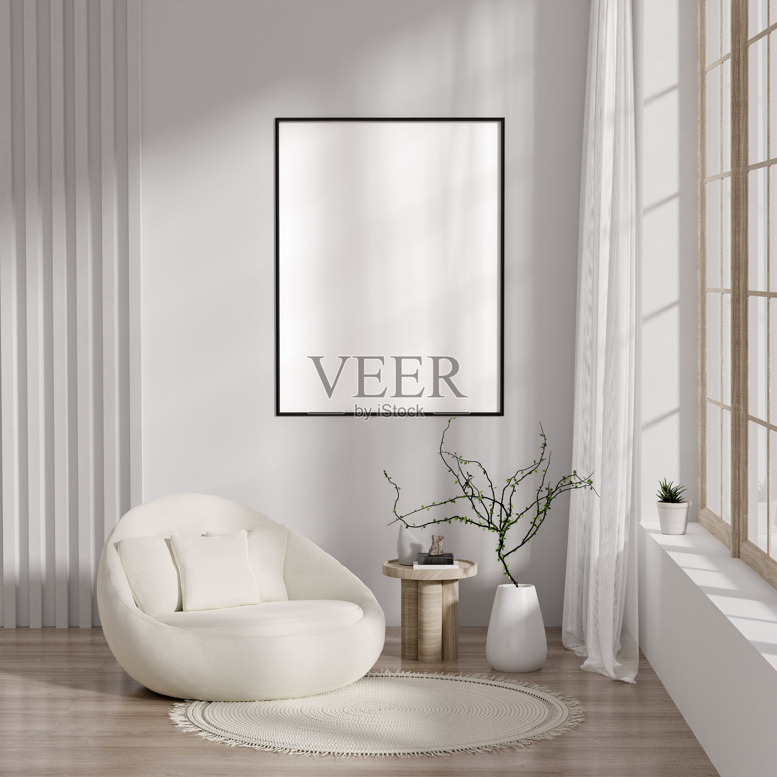 舒适的极简主义客厅，配有现代家具和大窗户照片摄影图片