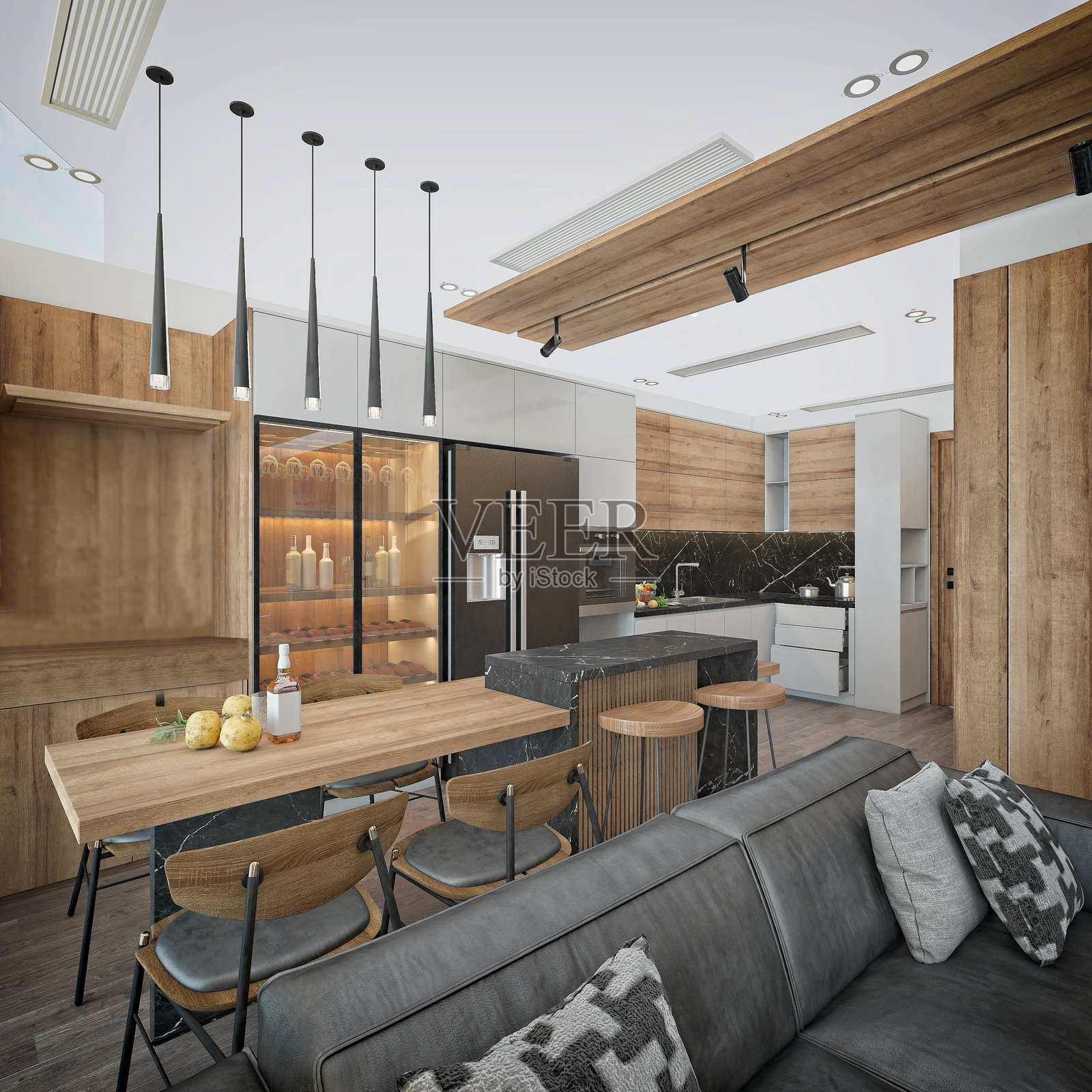 3D渲染的客厅和餐厅空间照片摄影图片