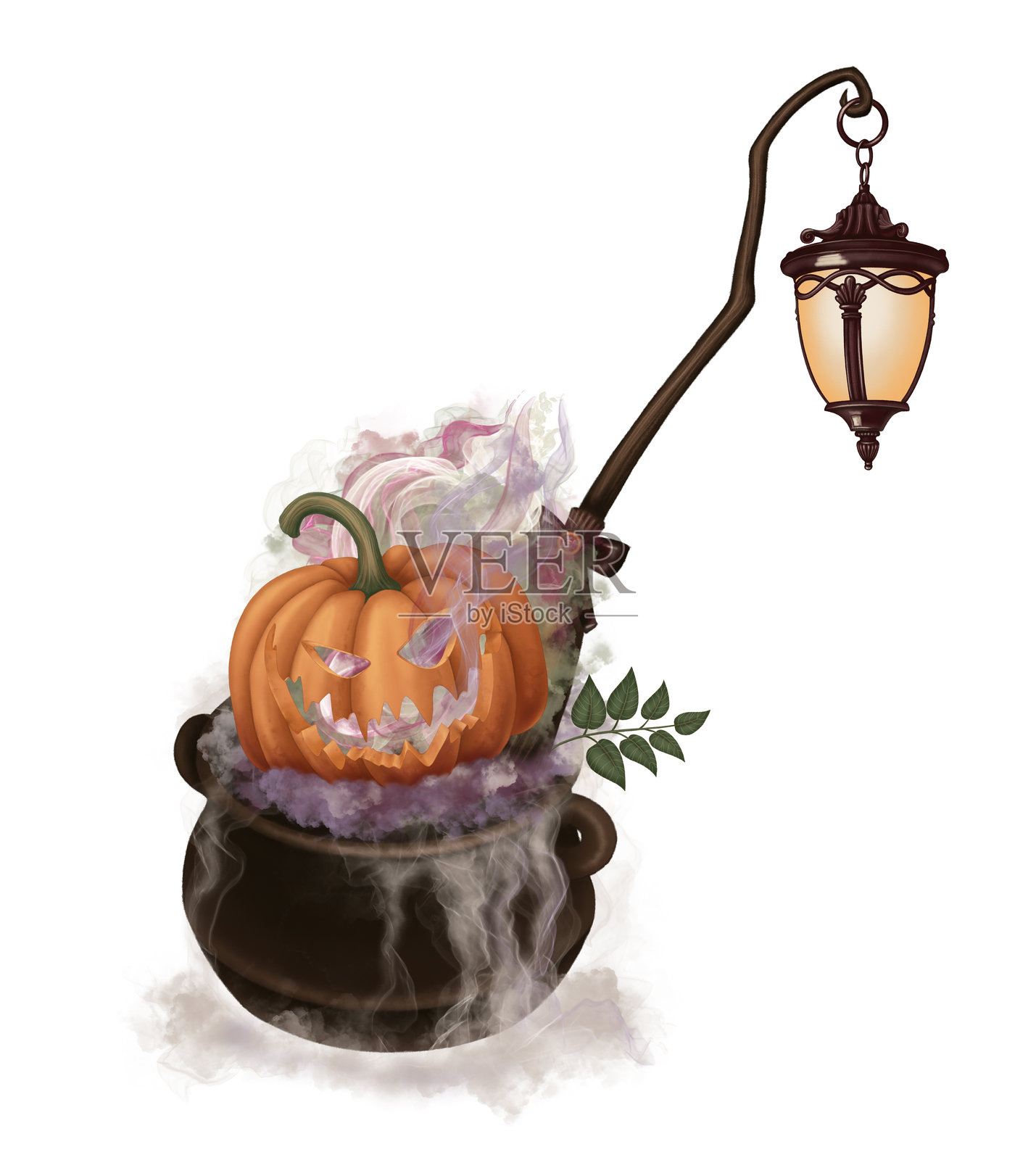 万圣节构图中的南瓜灯在女巫的锅中冒 steam。手绘的恐怖插图，卡通风格。独立的画作非常适合秋季图形和恐怖季节的卡片设计。插画图片素材