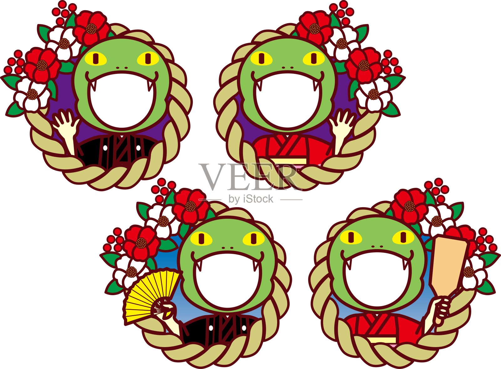 绳结、和服、蛇头饰、面具插画图片素材