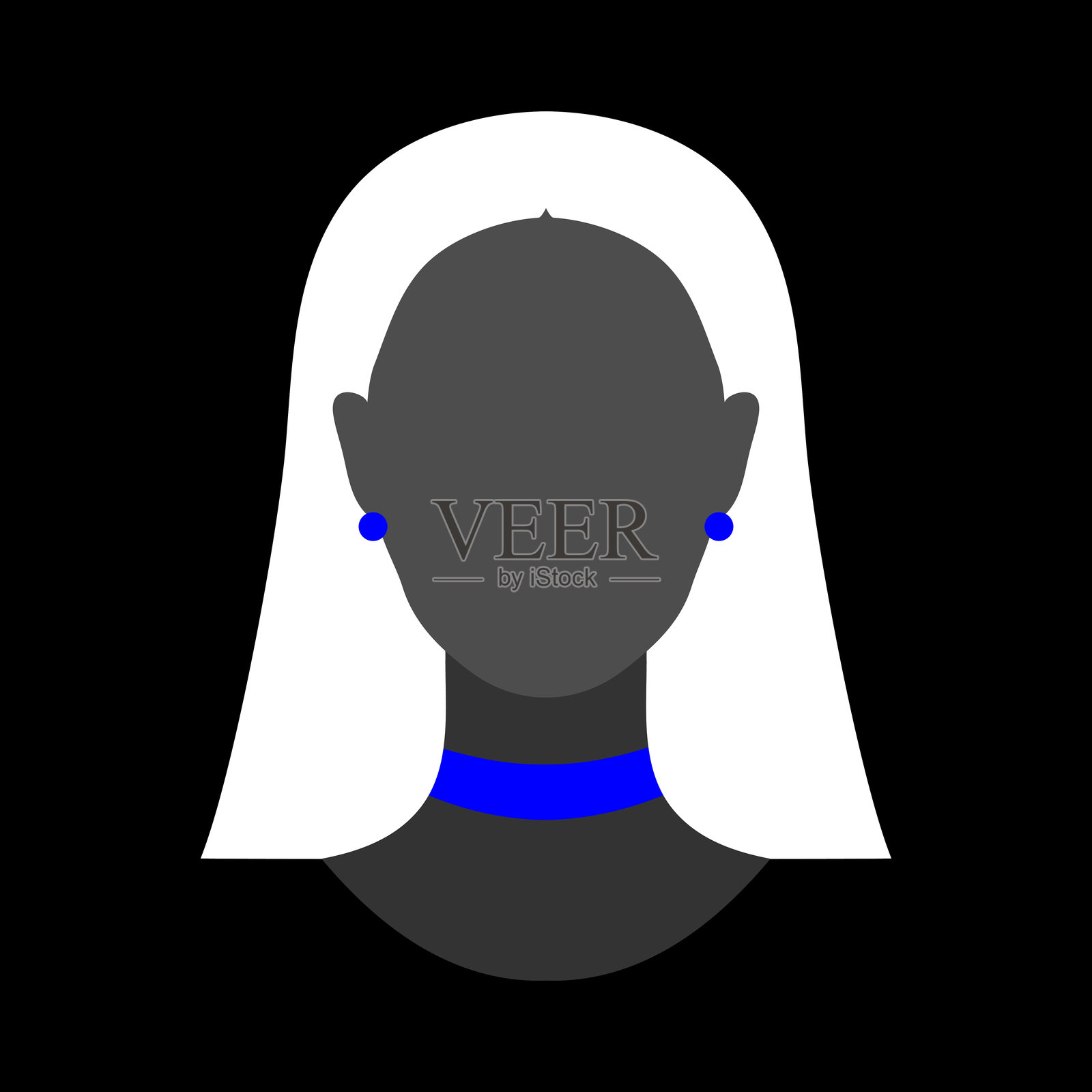 蓝色项圈和耳环的抽象无脸女性轮廓。黑色女性轮廓头像标志。矢量插图插画图片素材