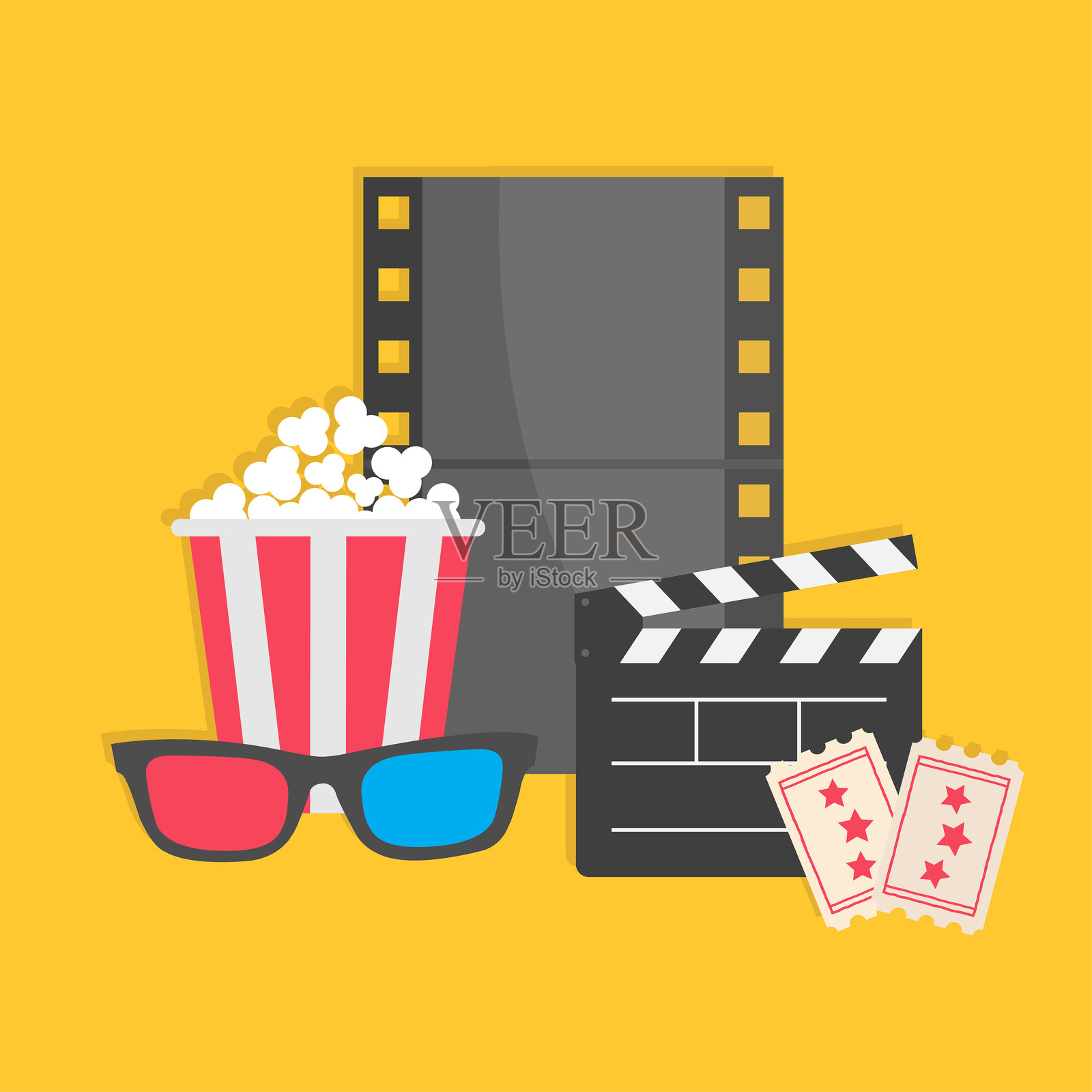 胶卷条 幕布拍板 爆米花盒 包装 入场券 一张票 三颗星 3D眼镜 电影影院图标标志集合 横幅 邀请模板 黄色背景 平面设计插画图片素材