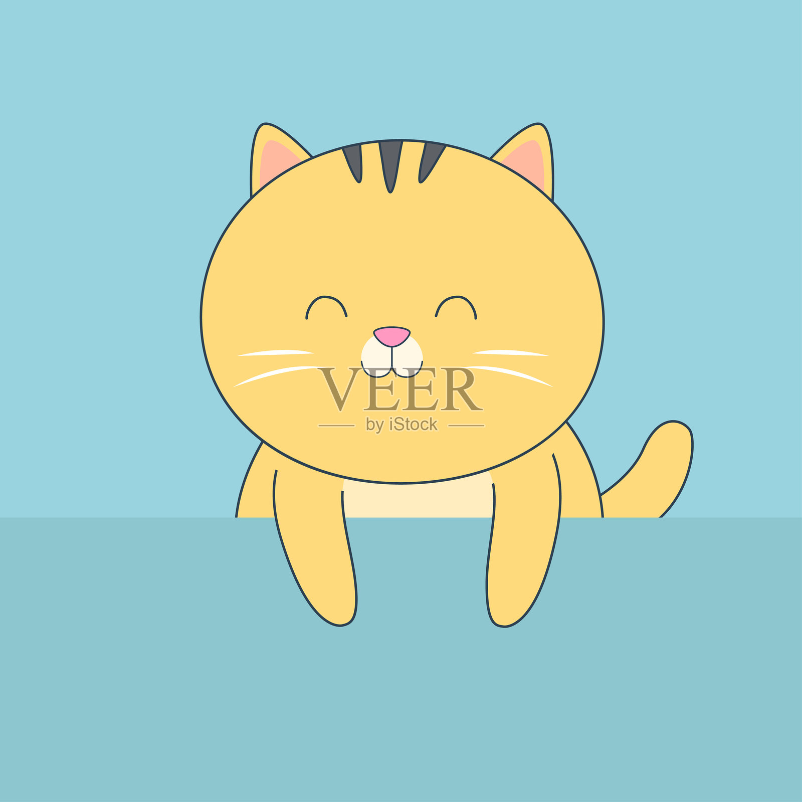 橙色剪影的小猫咪抱着空白纸张。爪印。可爱的卡通角色。快乐的情人节。婴儿贺卡、T恤、笔记本封面。蓝色背景。扁平设计。插画图片素材