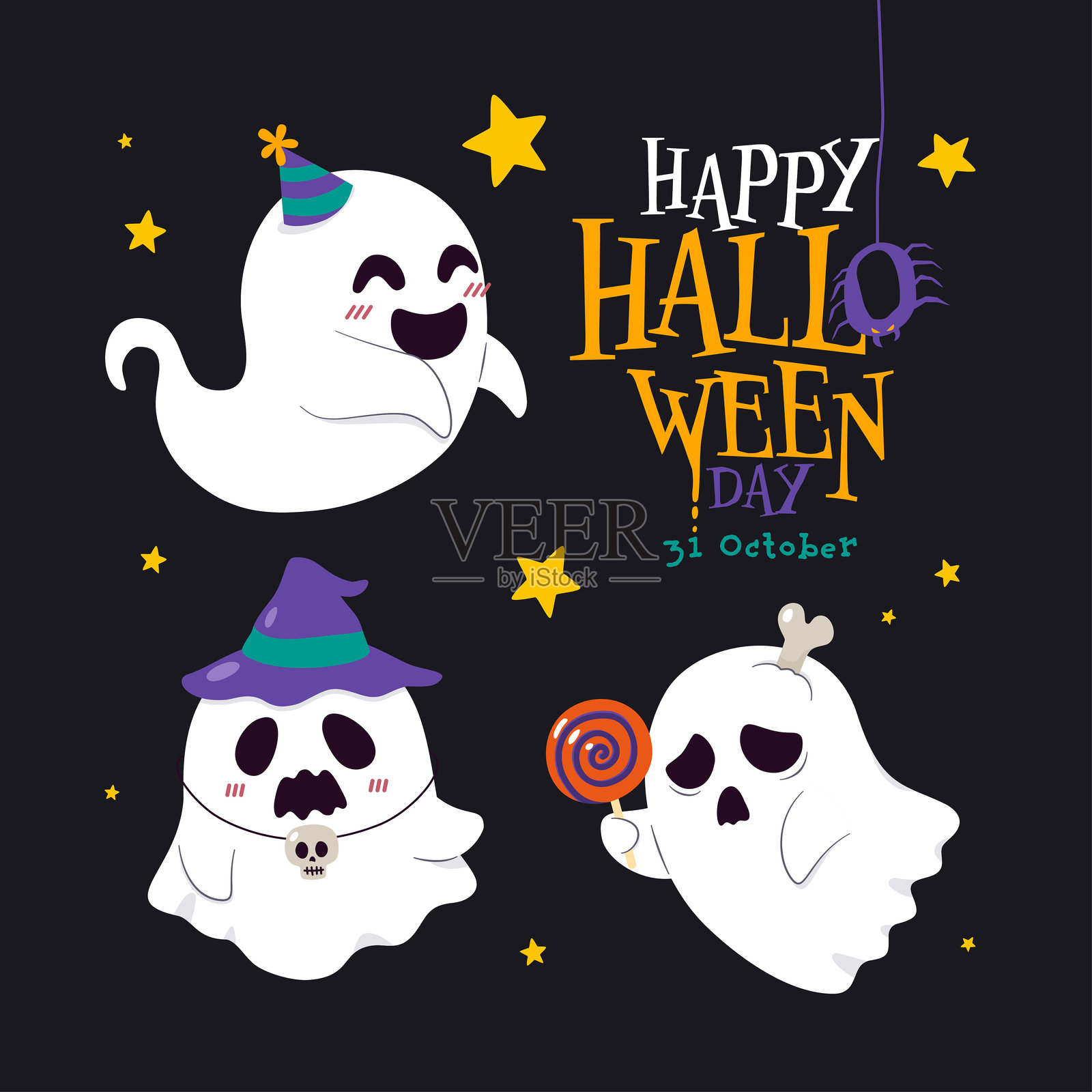 满月之夜的鬼魂在闹鬼的墓地：一个阴森的万圣节场景，黑暗的天空和墓碑，适合10月31日的恐怖之夜和鬼魂节，矢量插图插画图片素材