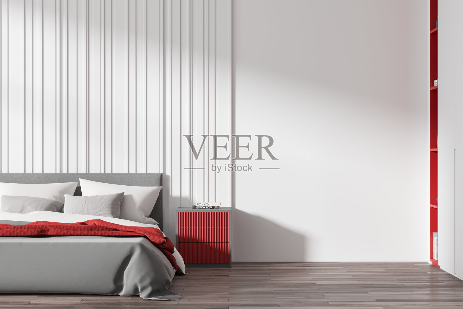 现代卧室，墙面细节丰富，留有空白空间供设计使用。3D渲染图照片摄影图片