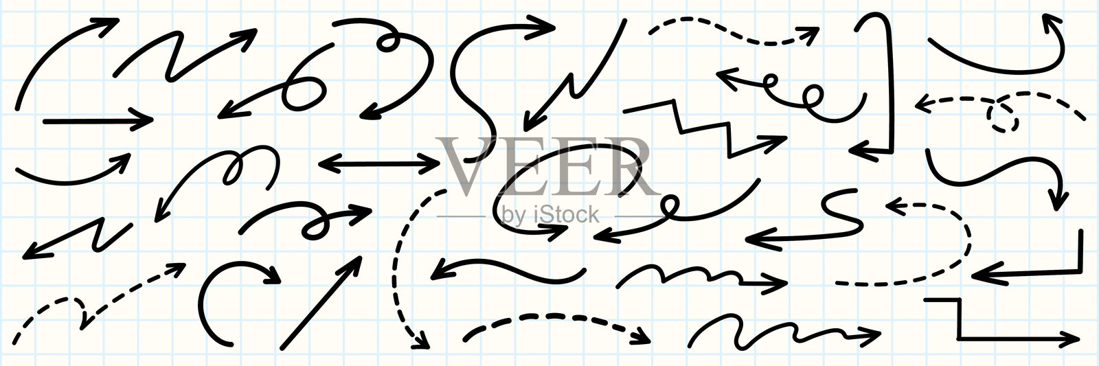 一组简单的手绘黑色箭头，风格各异。简单手绘黑色箭头集合。简单线条手绘黑色箭头集合。各种简单线条箭头的合集。插画图片素材