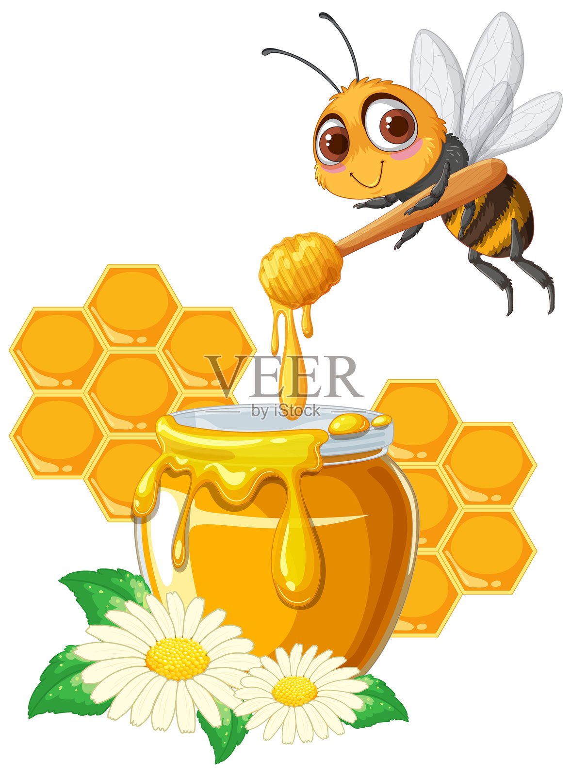 可爱的蜜蜂与蜂蜜罐和花朵插画图片素材