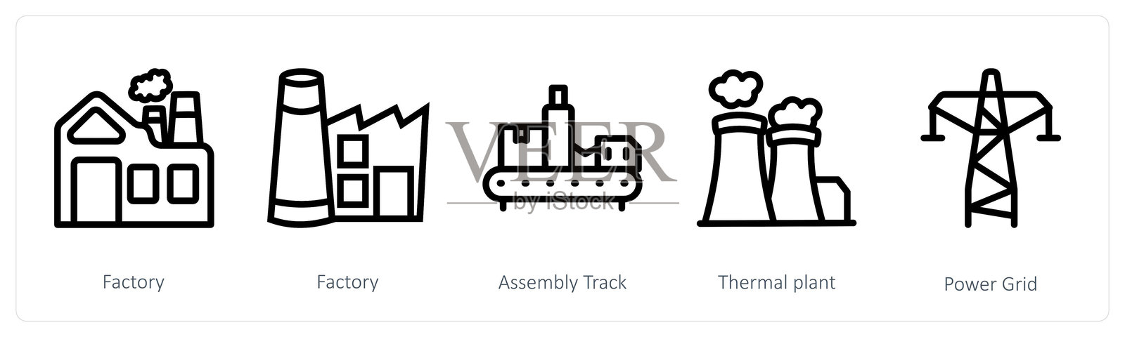 一组包含工厂、装配线和热电厂的5个行业图标插画图片素材
