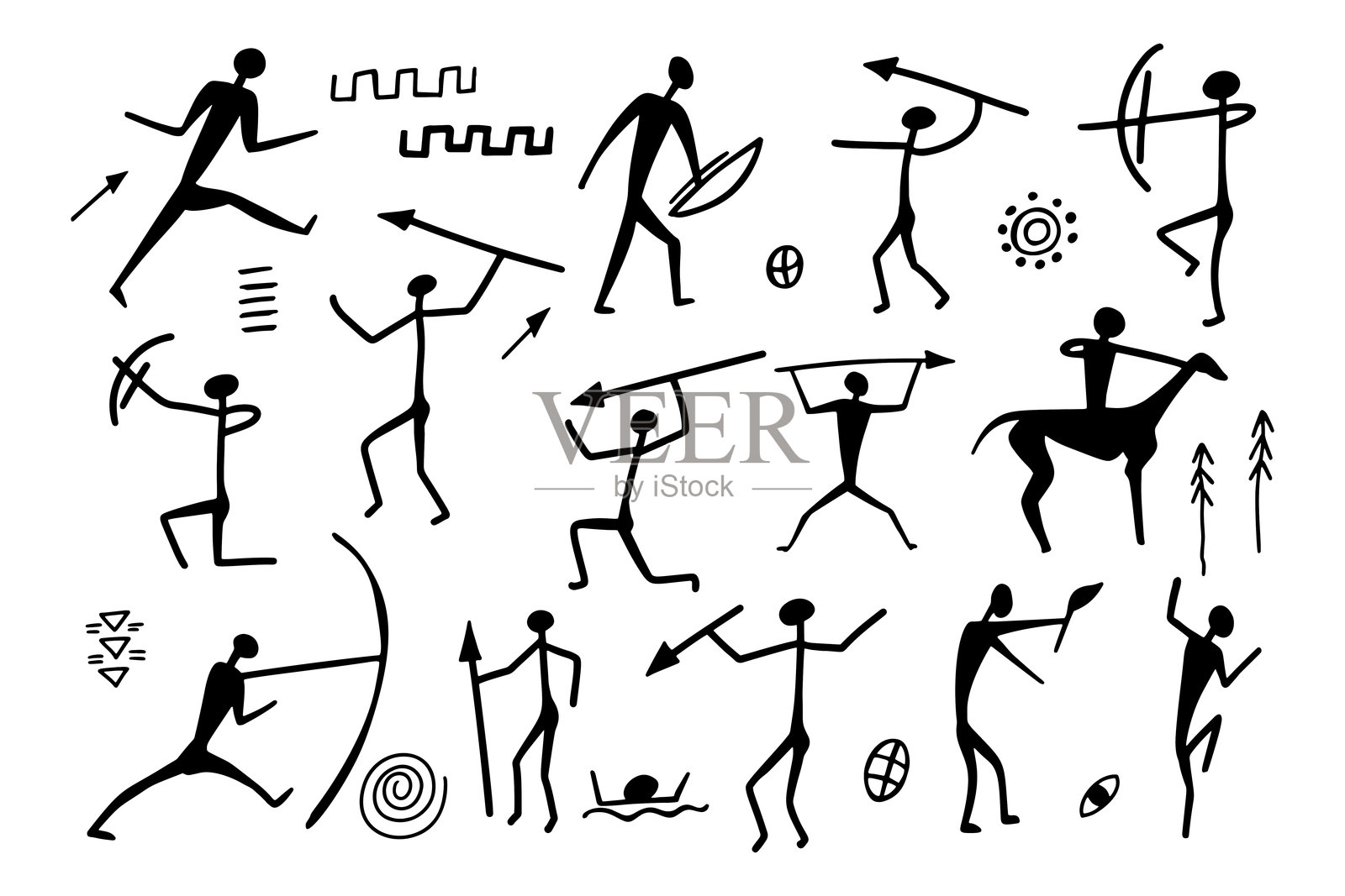 早期人类的洞穴剪影，伴随着马、鹿和公牛，以古老岩画的风格呈现。史前壁画，墙上的古代符号，矢量插图。插画图片素材