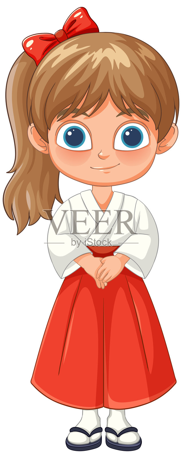 微笑的女孩，戴着红色蝴蝶结和裙子插画图片素材