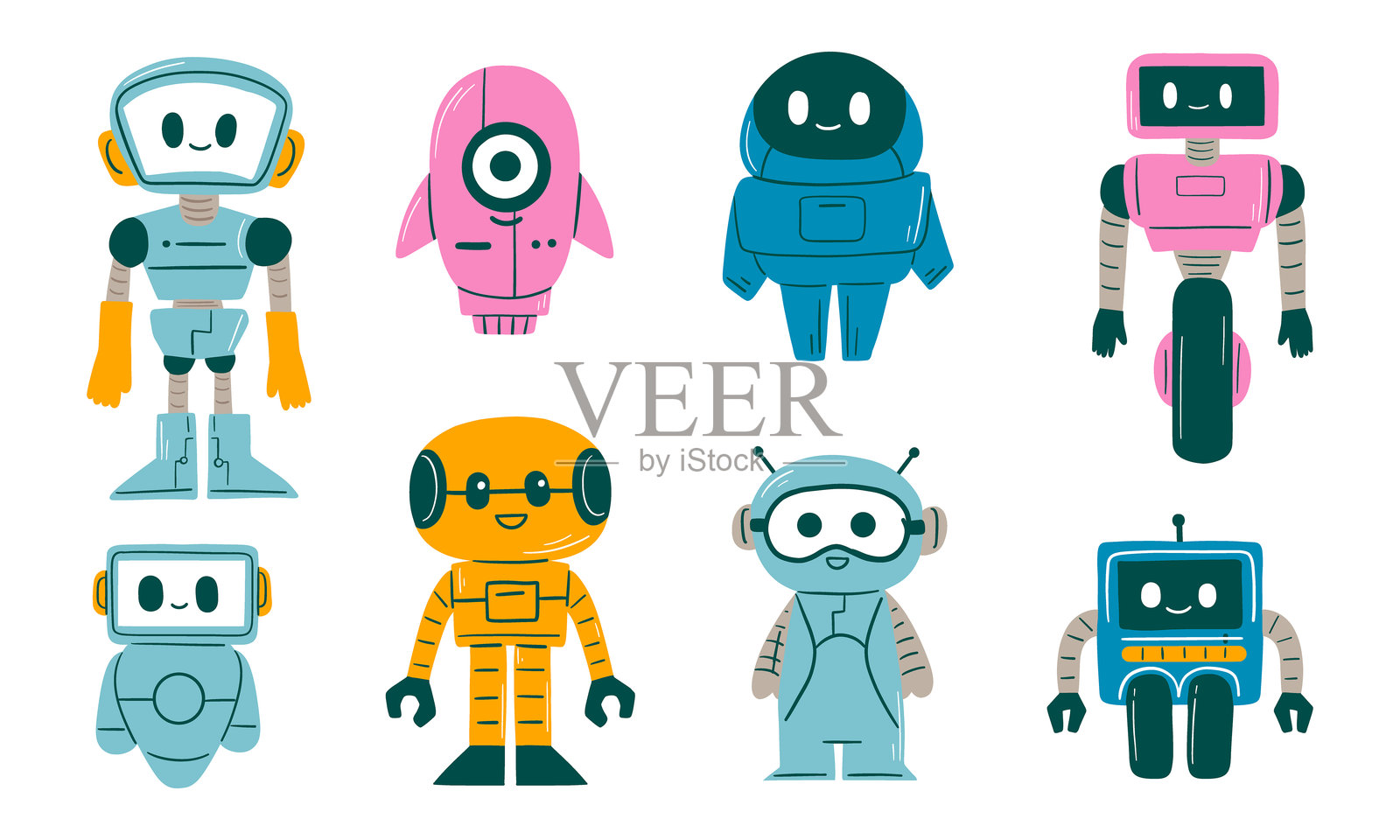 可爱机器人角色合集。一个有趣的八个可爱机器人角色的集合，风格和设计各异，非常适合科幻、科技或趣味设计项目。插画图片素材