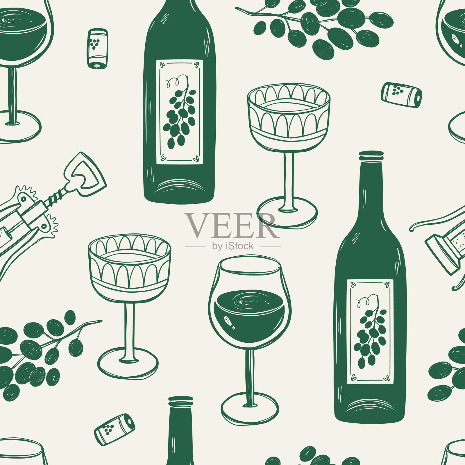 无缝图案，包含葡萄酒、酒杯、开瓶器和葡萄。插画图片素材