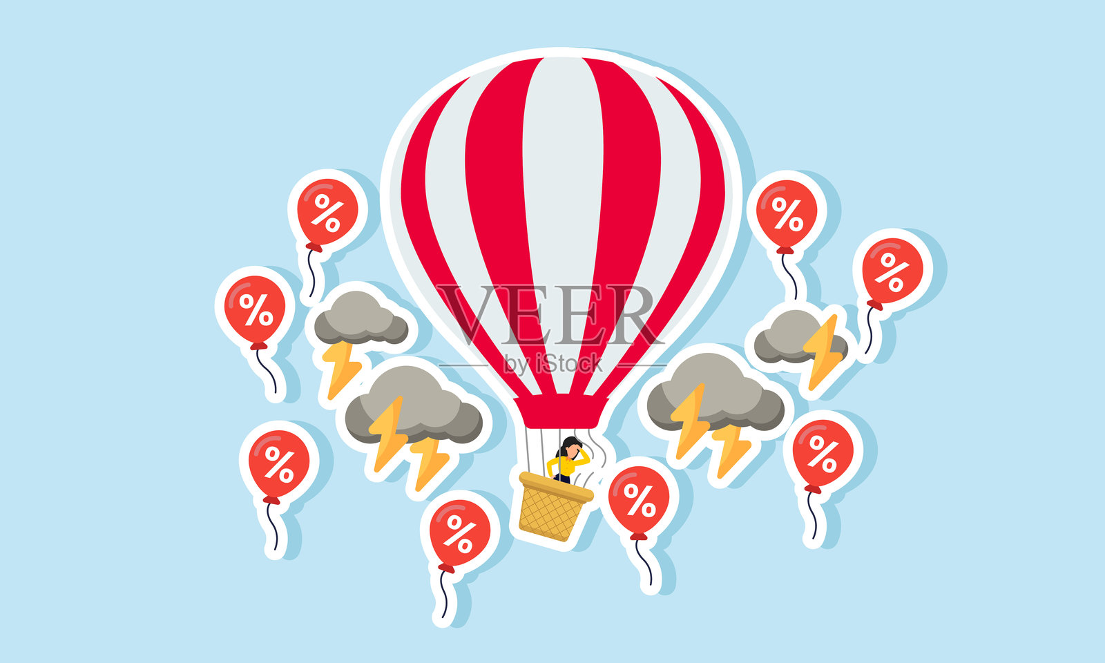 一个商人乘坐断绳的热气球，陷入折扣气球的风暴中，这说明了商业竞争对手之间不健康的折扣战。插画图片素材