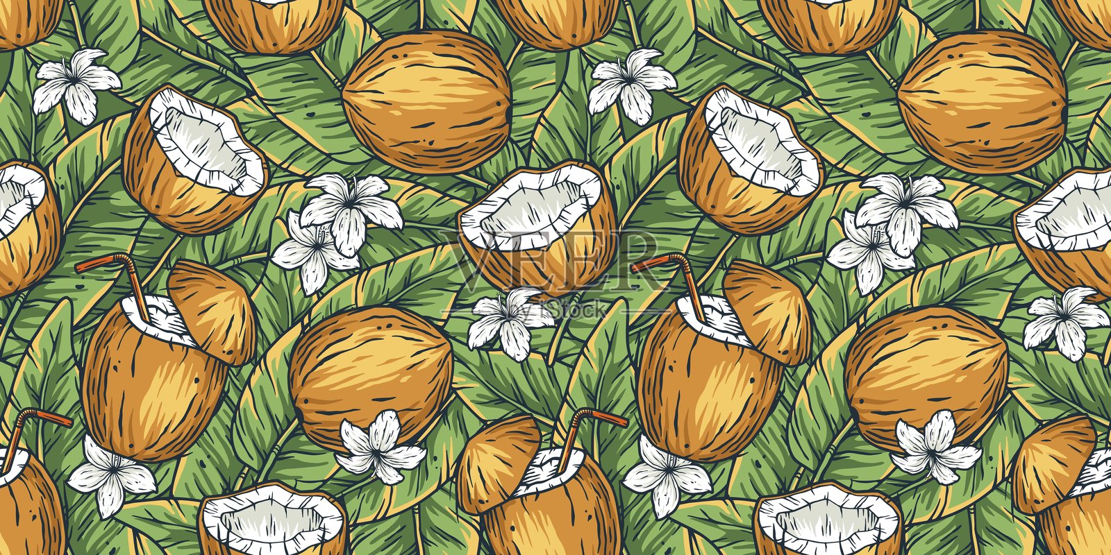 热带椰子夏季鸡尾酒。异国情调的海滩酒吧插画图片素材