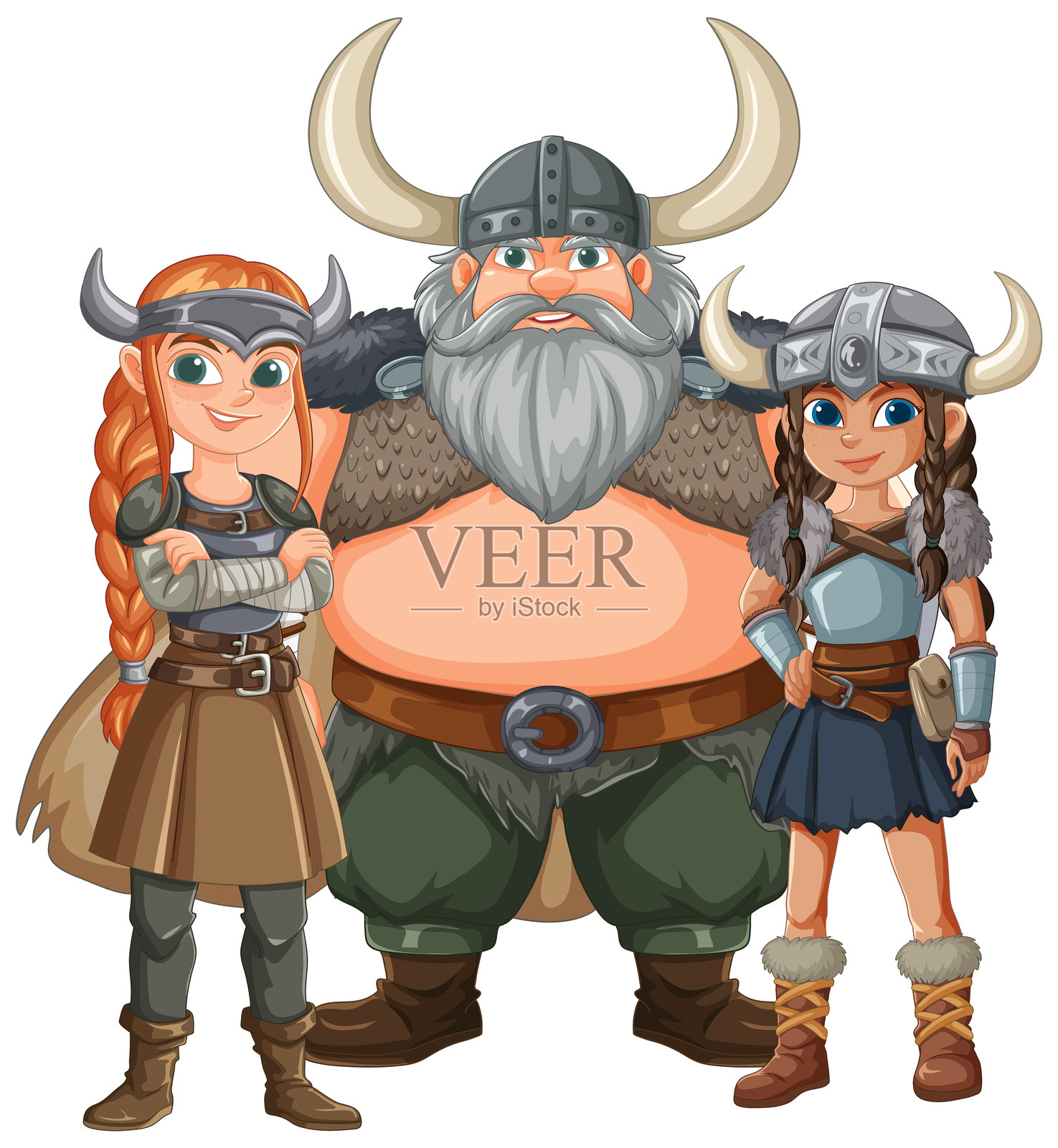 三个穿着传统服装的维京角色插画图片素材