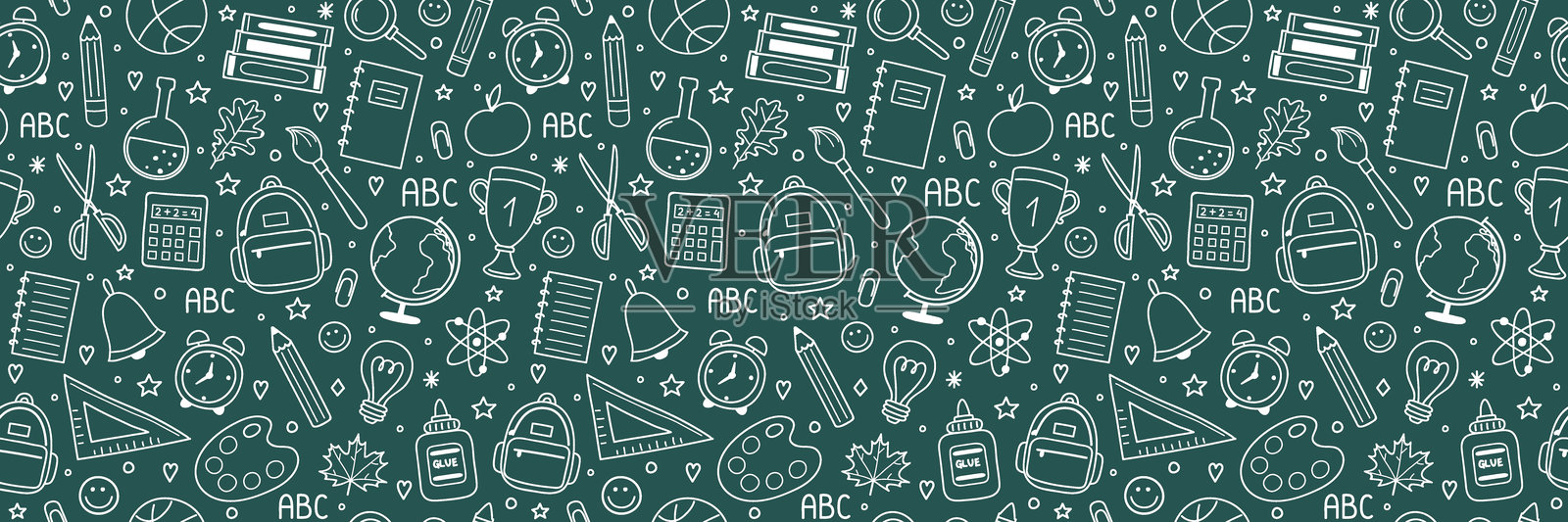 学校纹理与卡通文具。开学背景设计。横幅。矢量插图插画图片素材