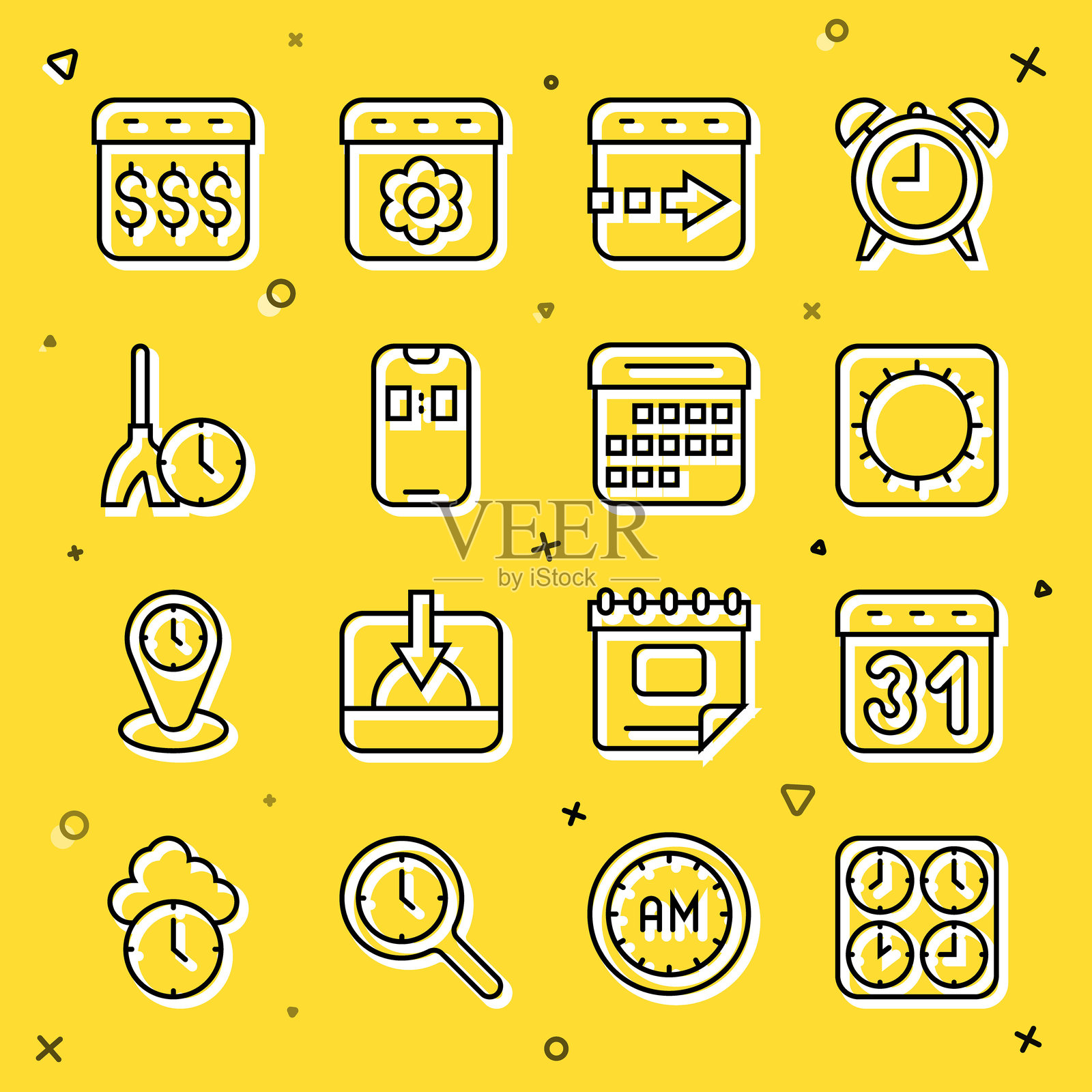 设置时区时钟、日历、太阳、飞行的闹钟应用程序、清洁时间、发薪日、带有美元和图标的日历。矢量图。插画图片素材