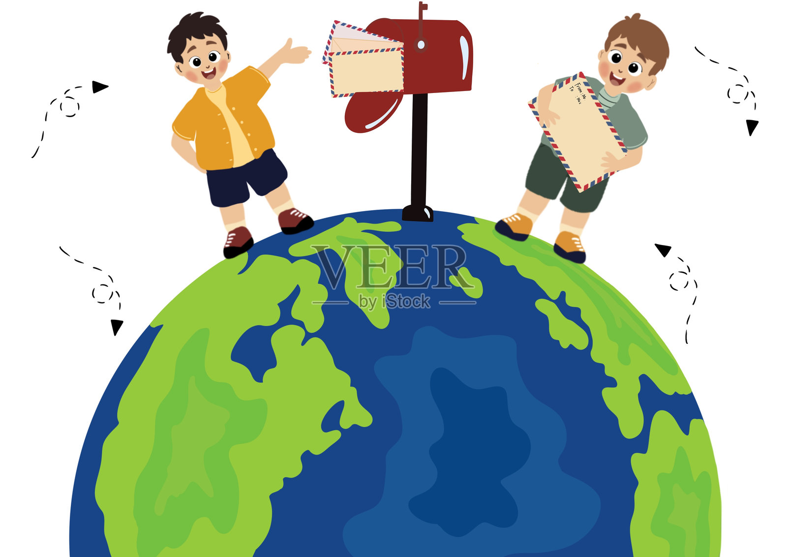 可爱的男孩正在发送信件。庆祝世界寄信日。插画图片素材