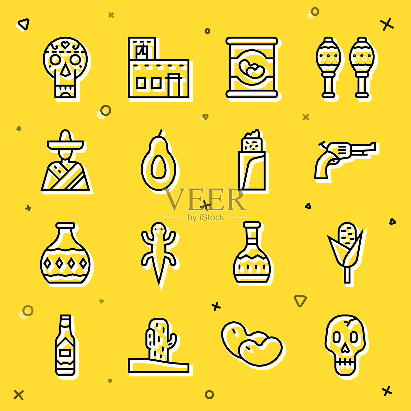 骷髅、玉米、左轮手枪、罐装豆子、鳄梨、戴着墨西哥帽的男人、骷髅和墨西哥卷饼图标。矢量图。插画图片素材