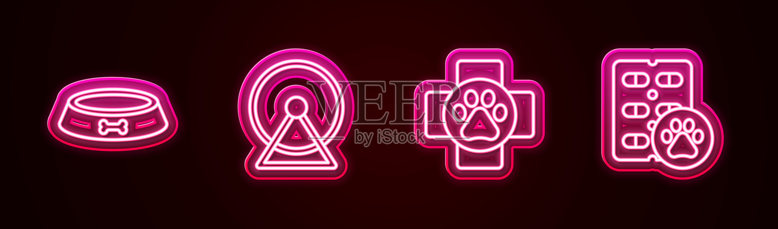 宠物食品碗、仓鼠轮、兽医诊所和狗药丸。发光霓虹图标。矢量图。插画图片素材