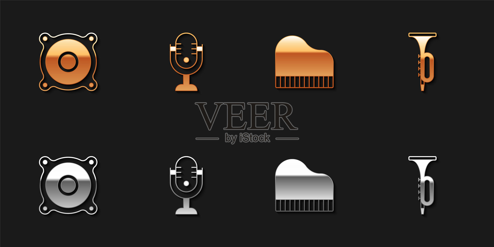 立体声扬声器、麦克风、大钢琴和小号图标。矢量图。插画图片素材