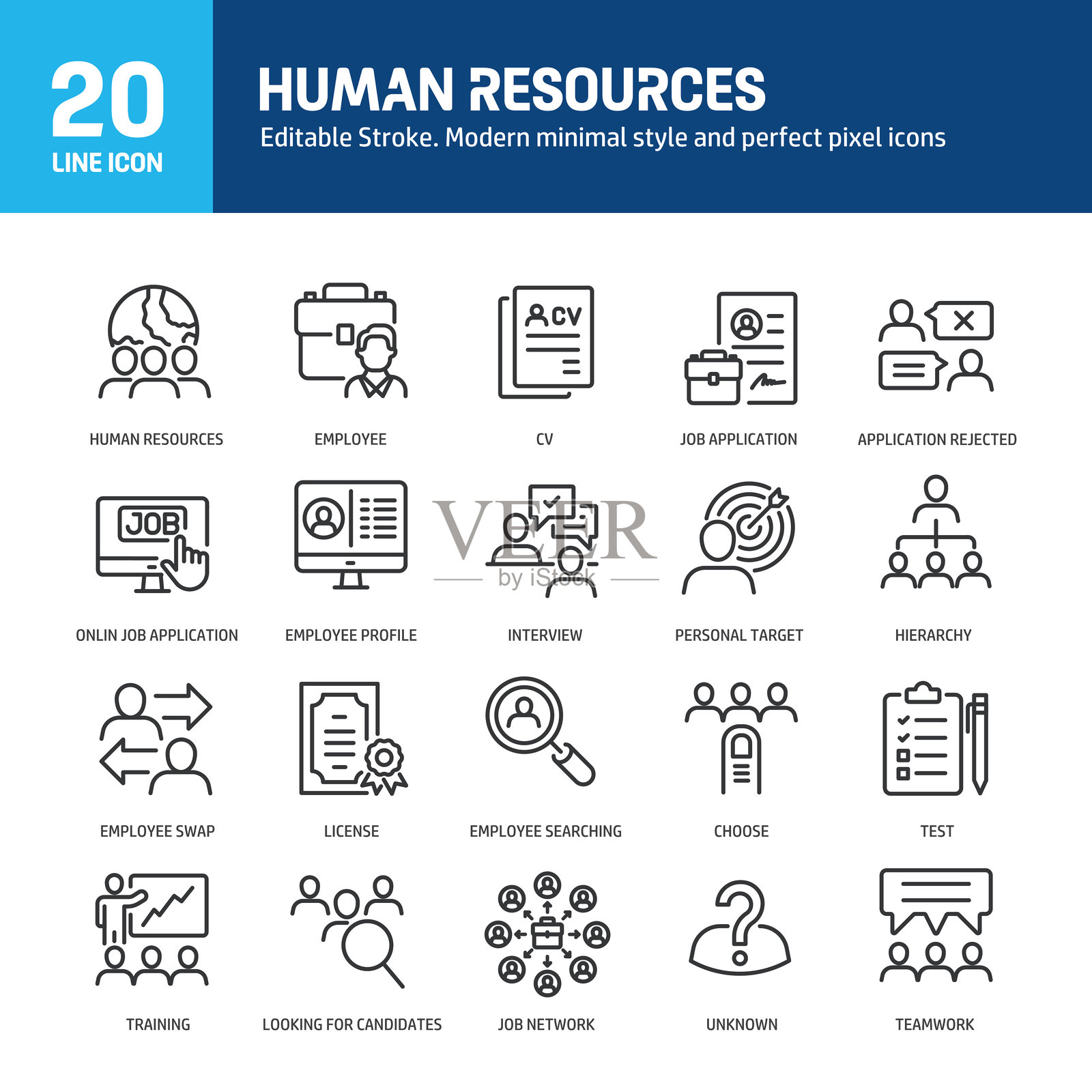 人力资源线条图标。可编辑的线条。包含职位、面试、团队合作、员工线条图标集合。矢量插图。适用于网站设计、标志、应用程序、模板、用户界面等。插画图片素材