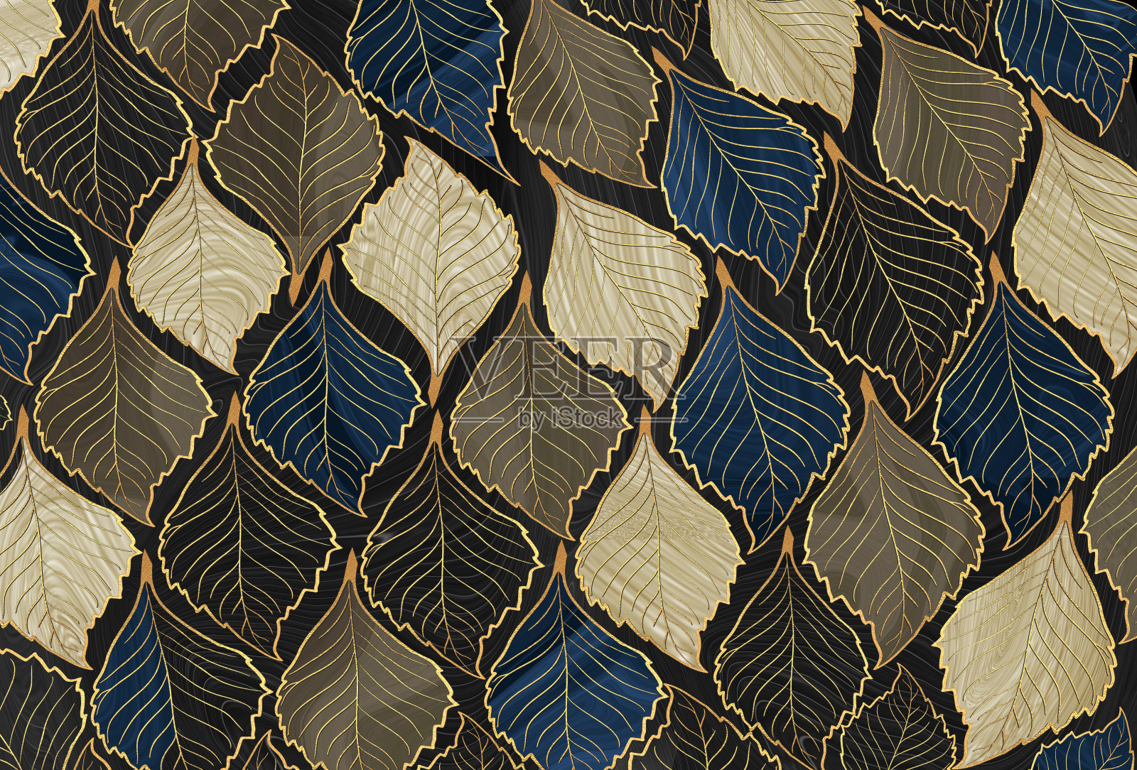 3D彩色叶子壁纸。米色、棕色、蓝色和黑色大理石叶子。客厅和地毯设计装饰。照片摄影图片