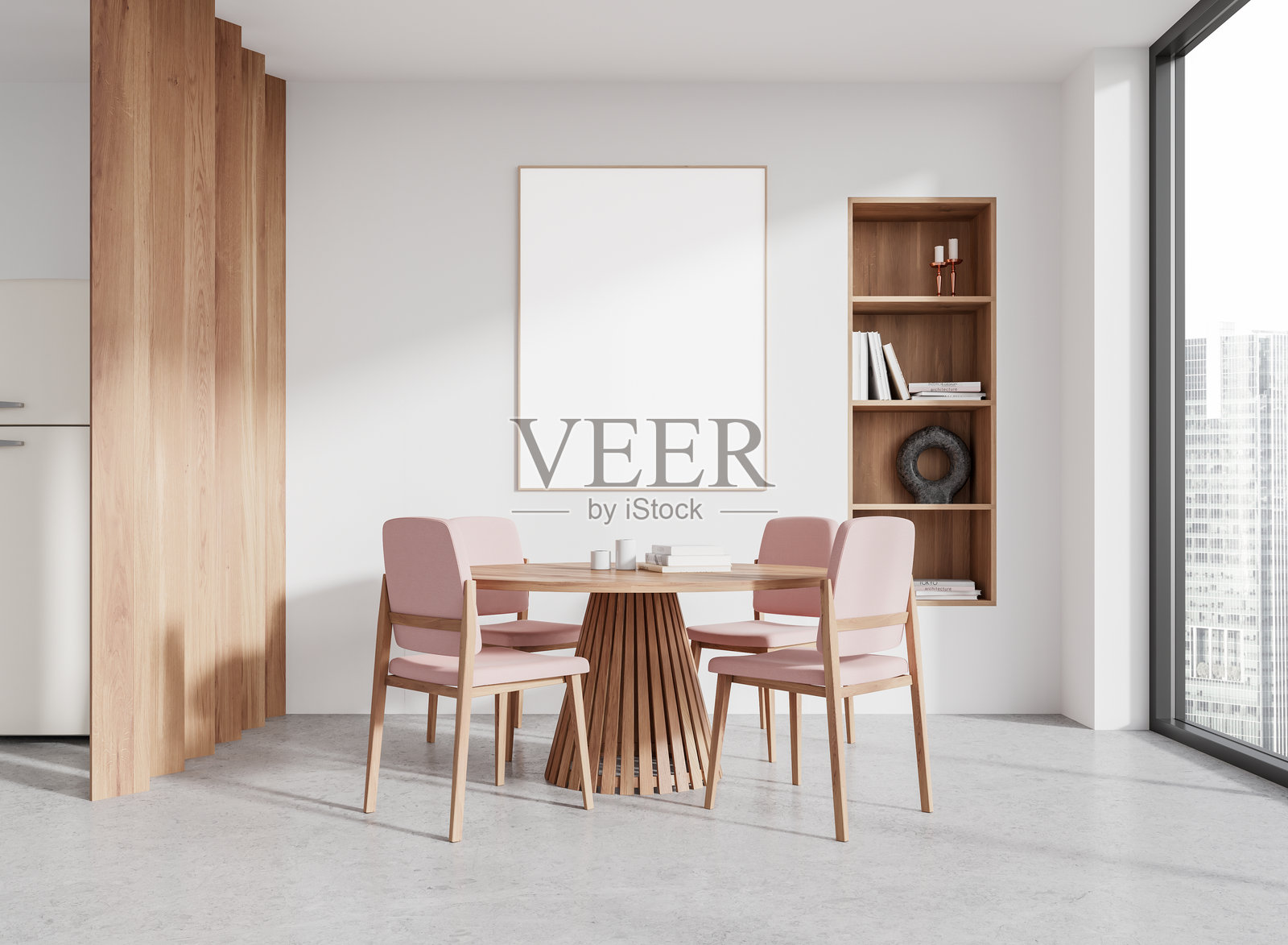 时尚的家居厨房内部，配有餐桌和椅子，窗户。展示框架照片摄影图片