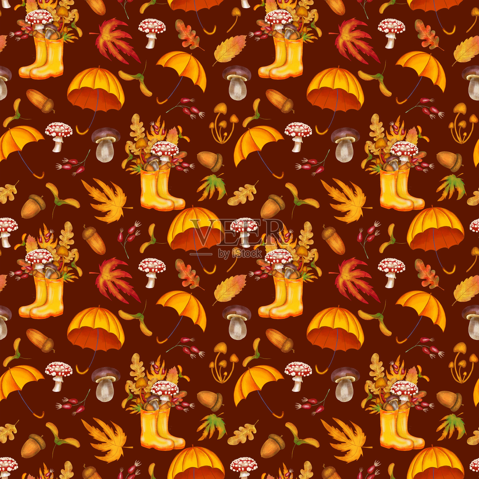 秋季水彩图案，包含树叶和蘑菇。舒适秋季风格的无尽背景，带有植物元素和靴子。手绘的壁纸和森林主题的面料印花。插画图片素材