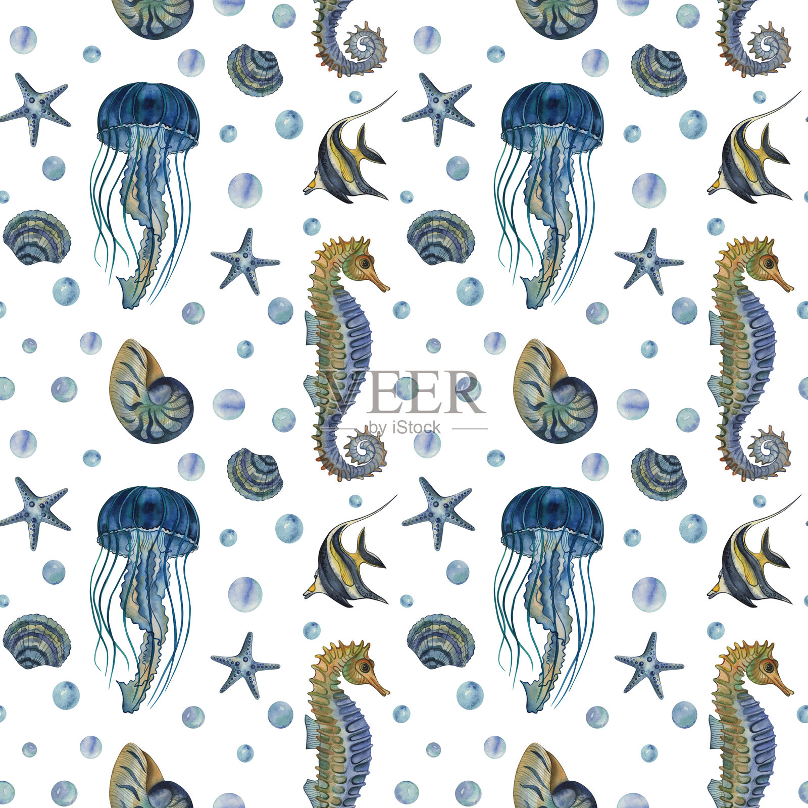 无缝图案，包含海马、水母、贝壳、气泡和海星。插图采用蓝色、绿松石色和黄色的水彩绘制。适用于壁纸、纺织品和包装纸设计。插画图片素材