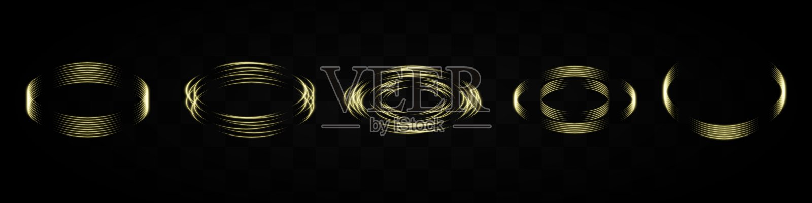 一组金色光环在透明背景上形成各种图案。非常适合科技、科幻或数字设计元素。插画图片素材