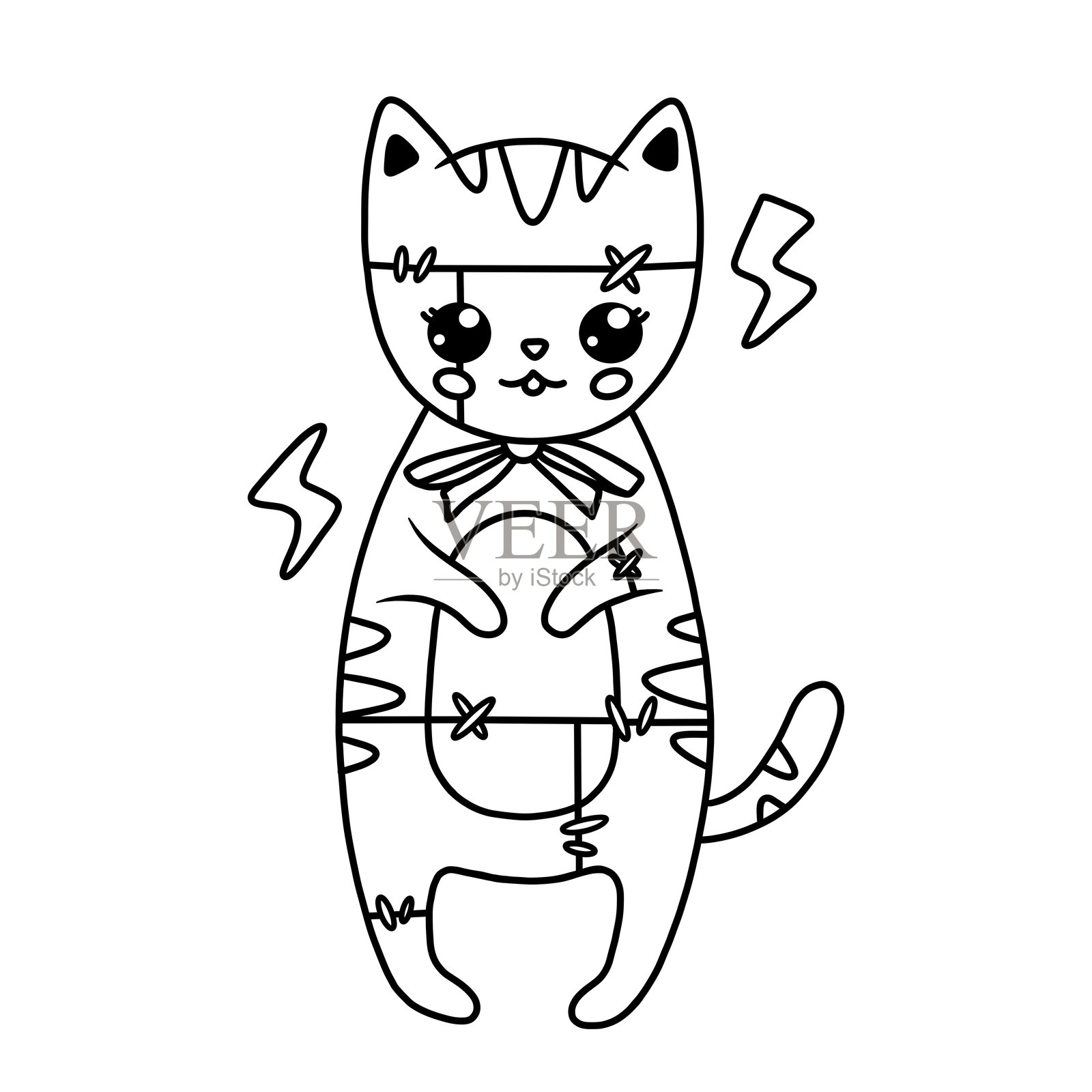 儿童万圣节涂色页，描绘了一只穿着弗兰肯斯坦服装的可爱猫咪，采用线条艺术风格。插画图片素材