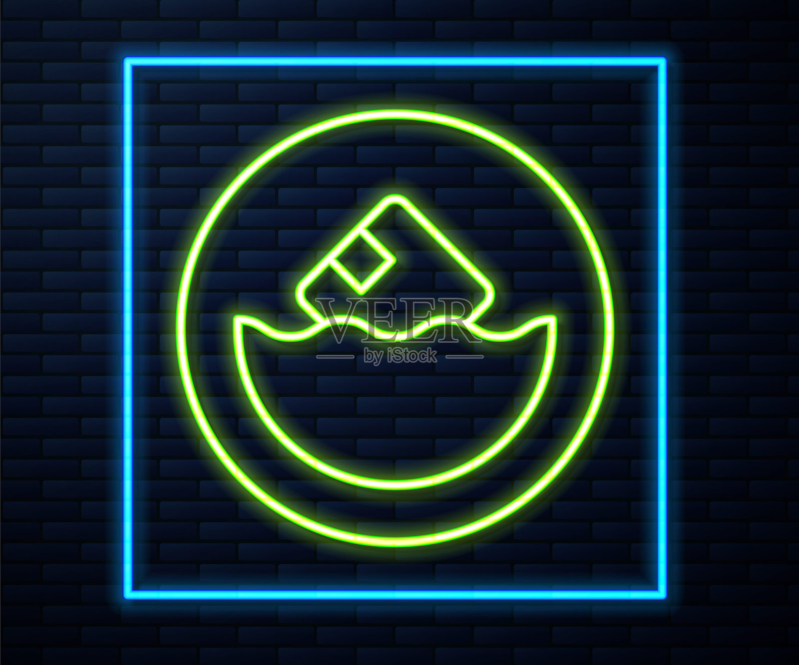 发光的霓虹线纸箱图标，背景为砖墙。箱子、包裹、快递标志。配送与包装。矢量图。插画图片素材