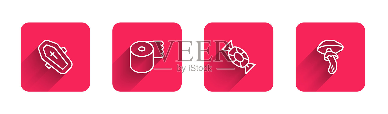 带十字架的棺材，卫生纸卷，糖果和长影子的迷幻蘑菇。红色方形按钮。矢量图。插画图片素材