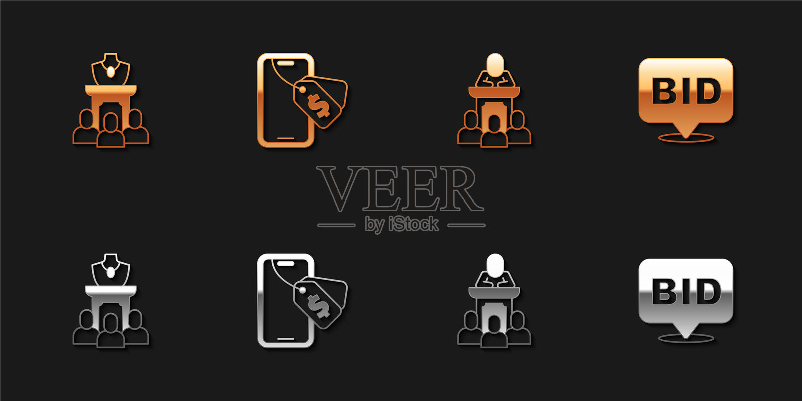 拍卖珠宝、在线拍卖和拍卖师拍卖图标集。矢量图插画图片素材