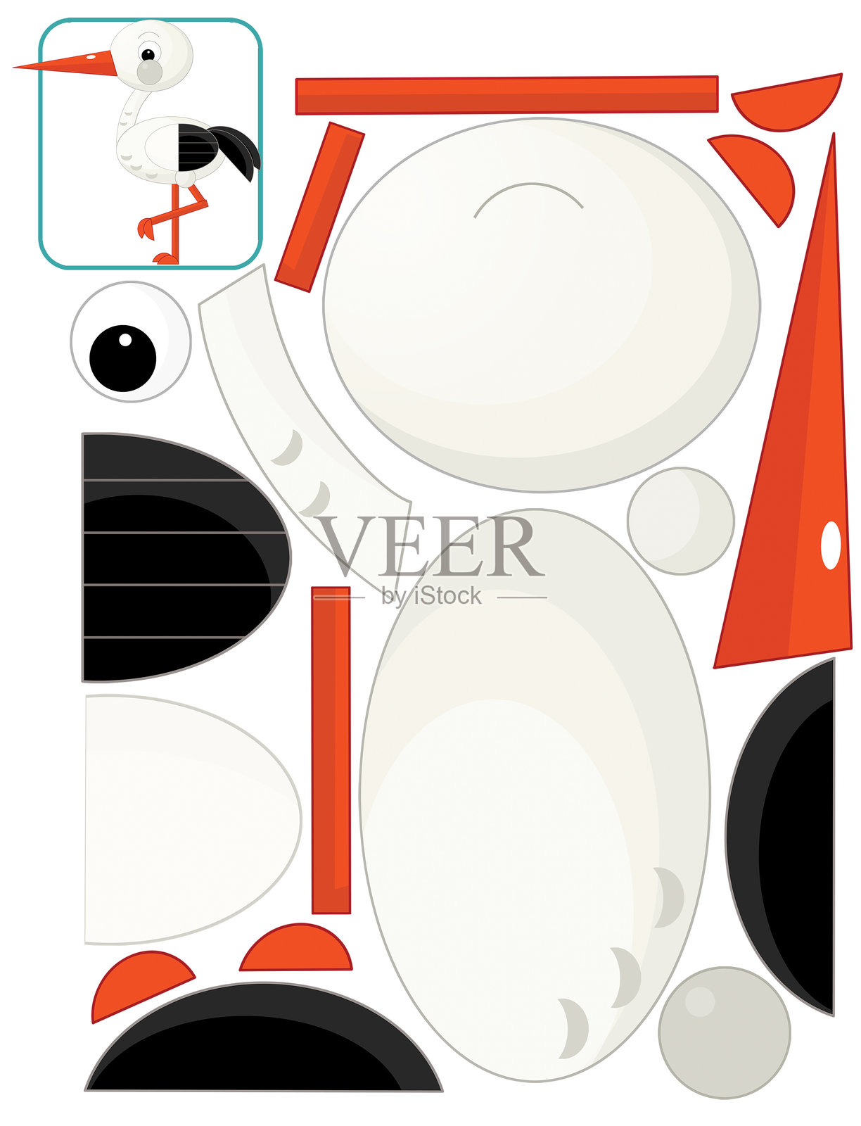 卡通场景，角色拼图剪切，教育练习手册，使用剪刀的手工活动，动物插图，鹳鸟，适合儿童的剪切图案插画图片素材