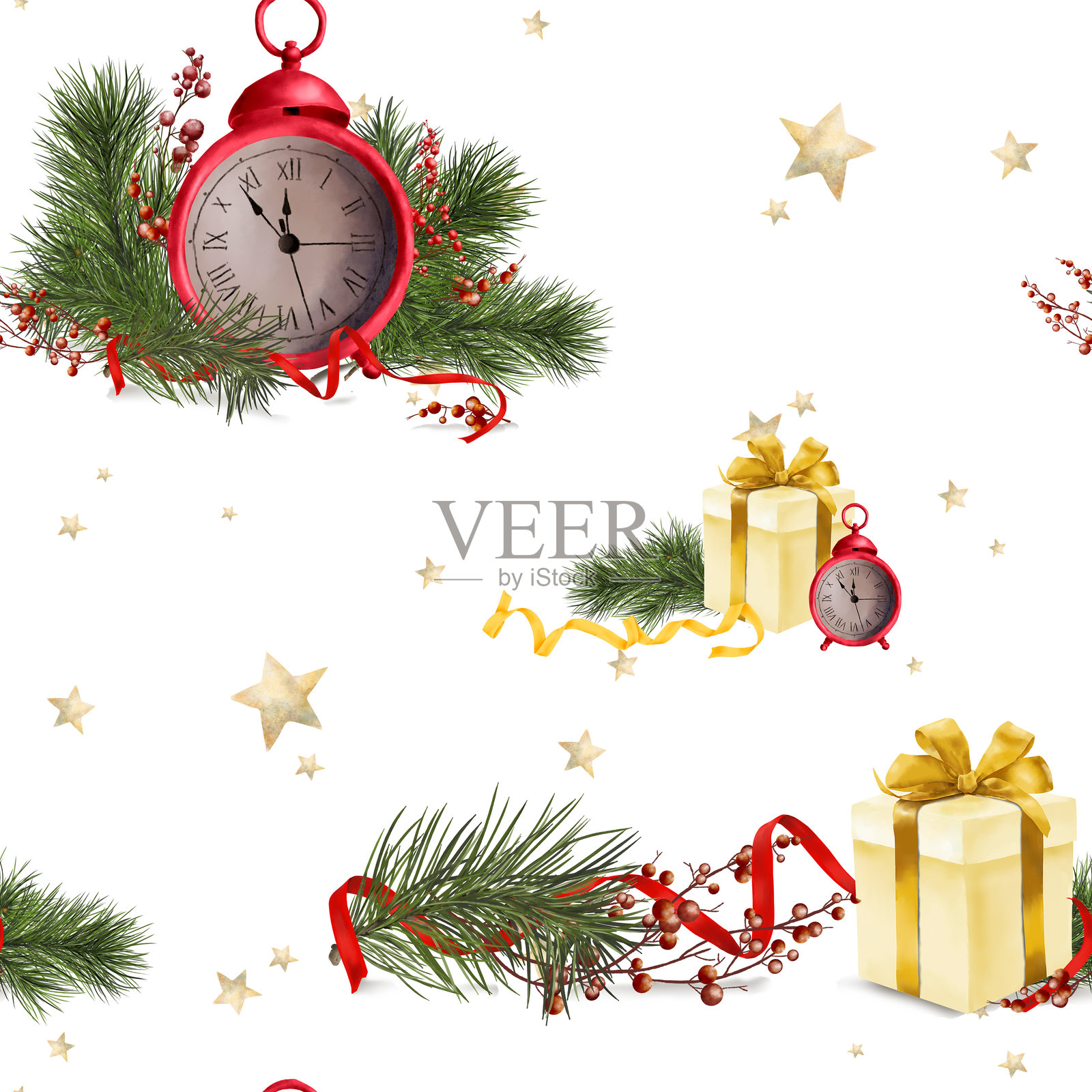 带有黄色蝴蝶结和红色手表的礼品盒。数字风格的水彩插图。松枝和红色缎带在白色背景上独立展示。无缝图案，适合新年和圣诞节主题。插画图片素材