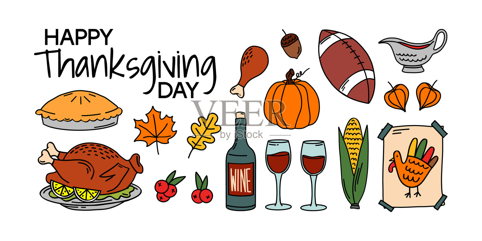 手绘的感恩节快乐元素插画图片素材