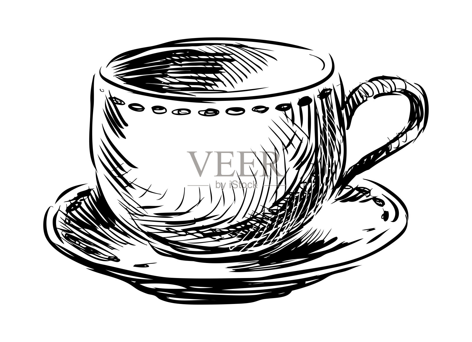 手绘的瓷杯和碟子的素描，矢量插图，独立于白色背景插画图片素材