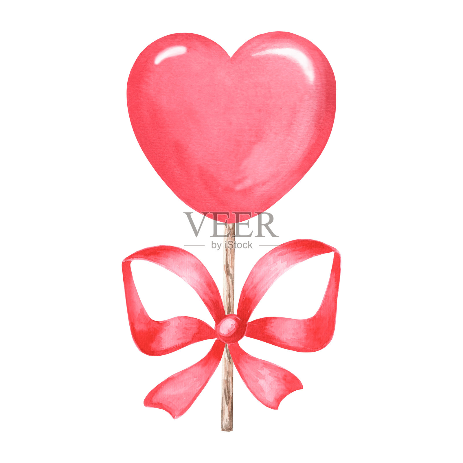 心形红色棒棒糖，上面系着蝴蝶结。水彩手绘插图，独立展示。情人节的节日甜点。糖果的爱心标志。用于邀请函、明信片、印刷和剪贴簿的剪贴画。插画图片素材