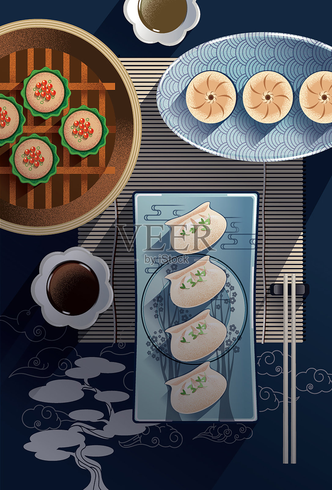 亚洲美食。中餐。矢量图中的中国饺子和甜点。插画图片素材