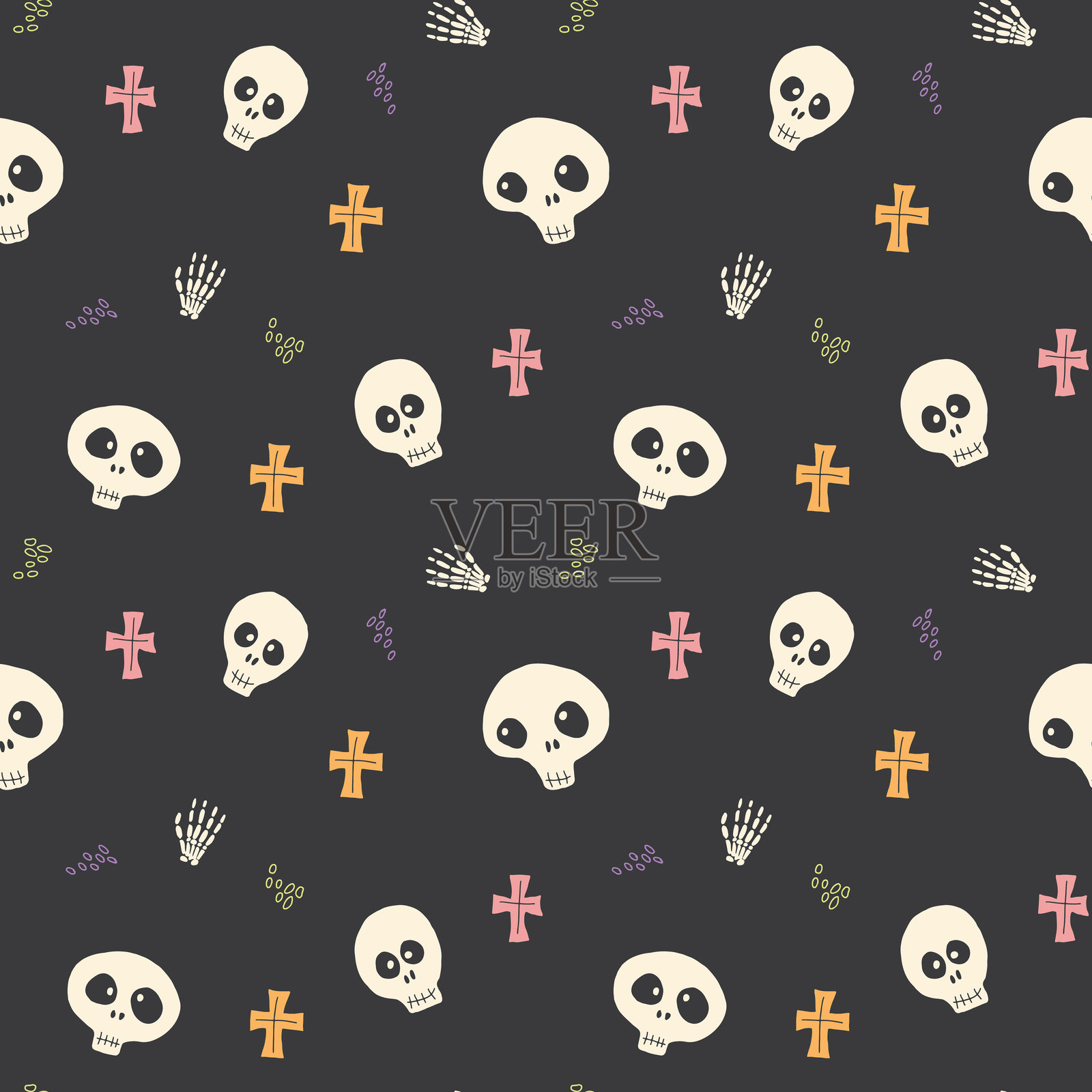 可爱骷髅无缝图案。万圣节背景矢量插图插画图片素材